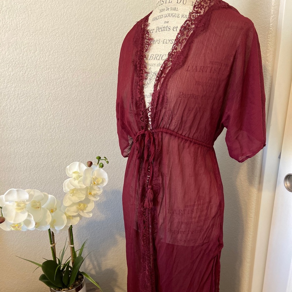 Burgundy Chiffon and lace beach cover up.